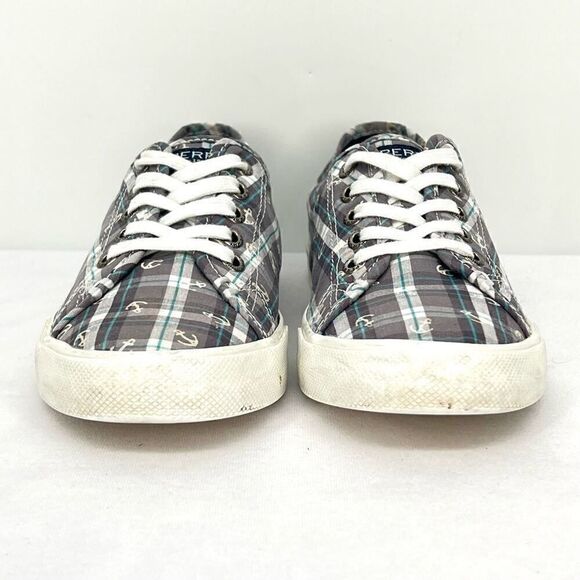 Sperry Pier View Anchor Plaid Gray Blue White Canvas Laced Slip On Sneakers 7.5 - Picture 3 of 11